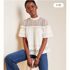 Anthropologie eri + ali Myla Embroidered Chic Cream Lace Women's Blouse